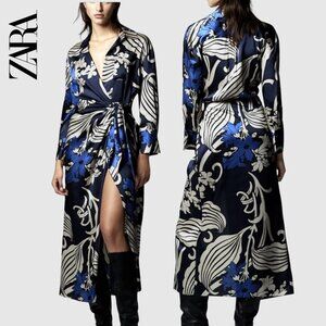 Zara Dress Maxi Wrap Dress Blue Black Patterned Size Small